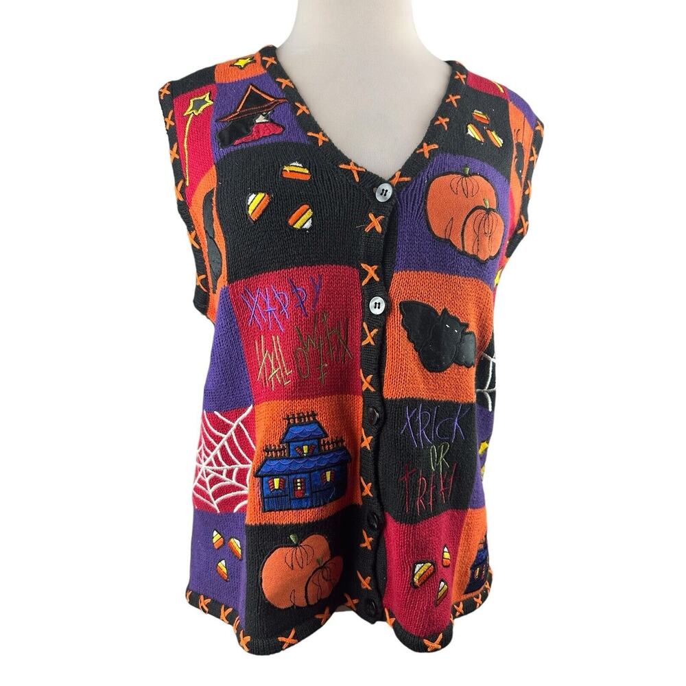 Bobbie Brooks Halloween Knit Vest Trick Or Treat Pumpkin Patch Color Block Large - Picture 4 of 12